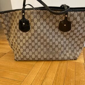 Gucci Black and Brown Monogram Tote Bag. Little worn in corners.